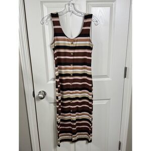 Women's Sleeveless Bodycon Midi Dress Striped Button Front Casual Chic Cruise‎ M